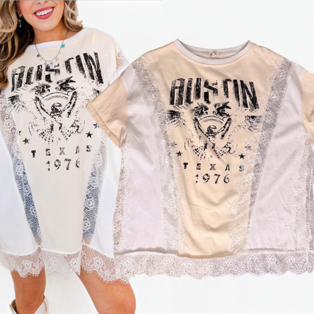 Blue Velvet T-Shirt Dress Austin Texas 1976 Graphic Lace Trim Cream S/M